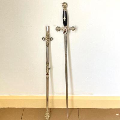 LOT 364: Vintage In Hoc Signo Vinces Monogramed Sword with Sheath, Leather Carrying Case and Protective Cloth