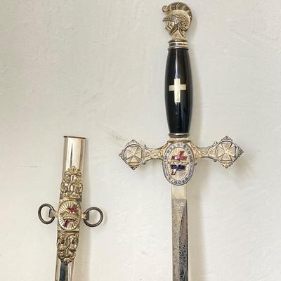 LOT 364: Vintage In Hoc Signo Vinces Monogramed Sword with Sheath, Leather Carrying Case and Protective Cloth