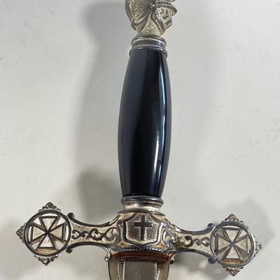 LOT 364: Vintage In Hoc Signo Vinces Monogramed Sword with Sheath, Leather Carrying Case and Protective Cloth