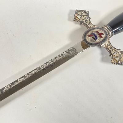 LOT 364: Vintage In Hoc Signo Vinces Monogramed Sword with Sheath, Leather Carrying Case and Protective Cloth