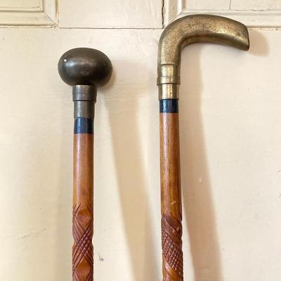 LOT 367: Vintage Ornately Carved Wood Canes with Brass Handles