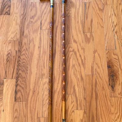 LOT 367: Vintage Ornately Carved Wood Canes with Brass Handles
