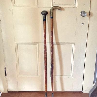 LOT 367: Vintage Ornately Carved Wood Canes with Brass Handles