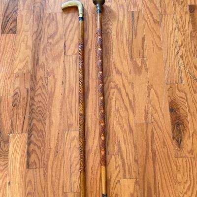 LOT 367: Vintage Ornately Carved Wood Canes with Brass Handles