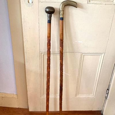 LOT 367: Vintage Ornately Carved Wood Canes with Brass Handles