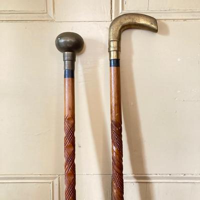 LOT 367: Vintage Ornately Carved Wood Canes with Brass Handles