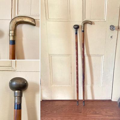 LOT 367: Vintage Ornately Carved Wood Canes with Brass Handles