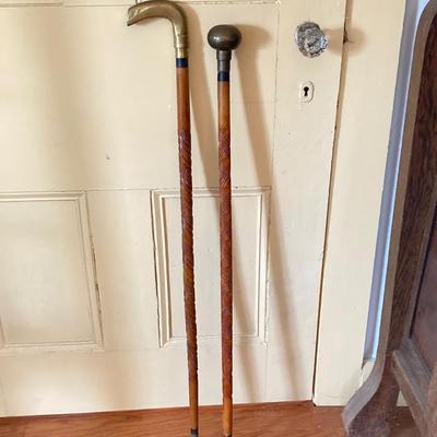 LOT 367: Vintage Ornately Carved Wood Canes with Brass Handles