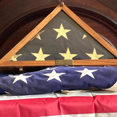 LOT 370: Collection of American Flags - Veteran Honored Folded in Wooden Case, Folded Best Valley Forge Brand and More