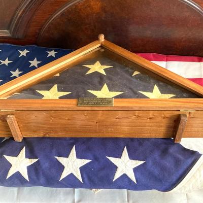 LOT 370: Collection of American Flags - Veteran Honored Folded in Wooden Case, Folded Best Valley Forge Brand and More