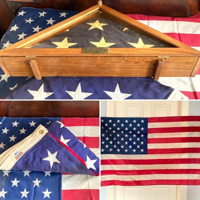 LOT 370: Collection of American Flags - Veteran Honored Folded in Wooden Case, Folded Best Valley Forge Brand and More