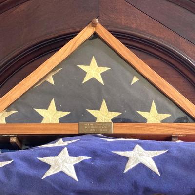 LOT 370: Collection of American Flags - Veteran Honored Folded in Wooden Case, Folded Best Valley Forge Brand and More