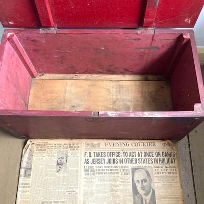 LOT 377: Vintage Painted Red Wooden Storage Box