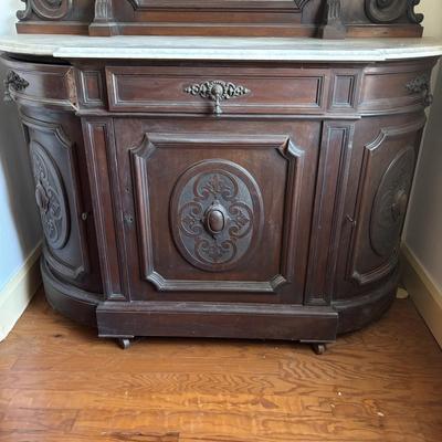 LOT 381: Antique Carved Wood & Marble Sideboard
