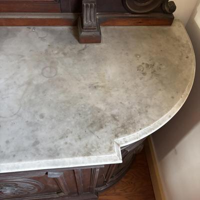 LOT 381: Antique Carved Wood & Marble Sideboard