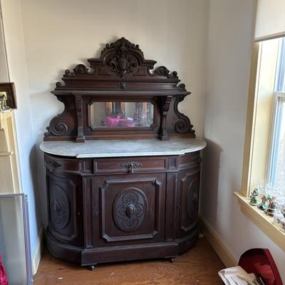 LOT 381: Antique Carved Wood & Marble Sideboard