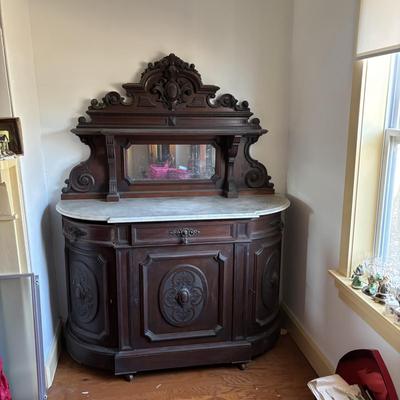 LOT 381: Antique Carved Wood & Marble Sideboard