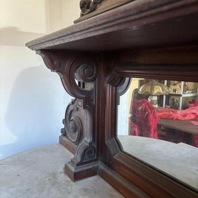 LOT 381: Antique Carved Wood & Marble Sideboard
