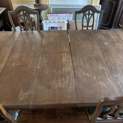 LOT 382: Antique Table (wooden slides & wheels), 2 set of 4 Vintage Chairs