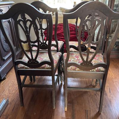 LOT 382: Antique Table (wooden slides & wheels), 2 set of 4 Vintage Chairs