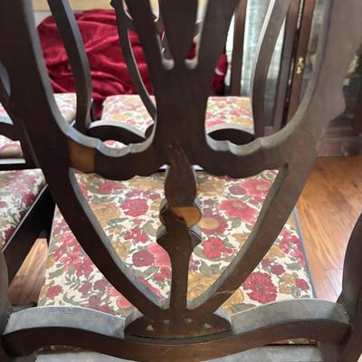 LOT 382: Antique Table (wooden slides & wheels), 2 set of 4 Vintage Chairs