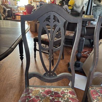 LOT 382: Antique Table (wooden slides & wheels), 2 set of 4 Vintage Chairs