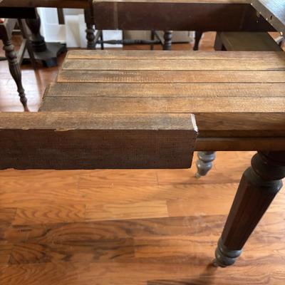 LOT 382: Antique Table (wooden slides & wheels), 2 set of 4 Vintage Chairs