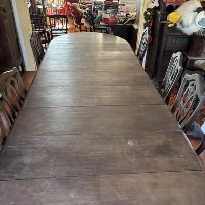 LOT 382: Antique Table (wooden slides & wheels), 2 set of 4 Vintage Chairs
