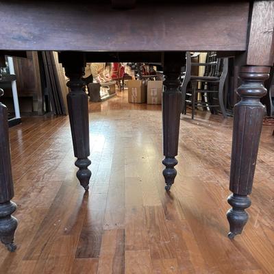 LOT 382: Antique Table (wooden slides & wheels), 2 set of 4 Vintage Chairs