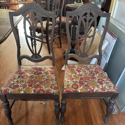 LOT 382: Antique Table (wooden slides & wheels), 2 set of 4 Vintage Chairs