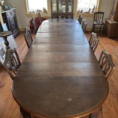 LOT 382: Antique Table (wooden slides & wheels), 2 set of 4 Vintage Chairs