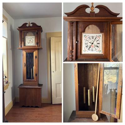 LOT 383: Hand-Crafted Quartz Movement Grandfather Clock w/Wooden Pendulum & Brass Weights