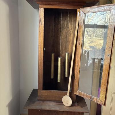 LOT 383: Hand-Crafted Quartz Movement Grandfather Clock w/Wooden Pendulum & Brass Weights