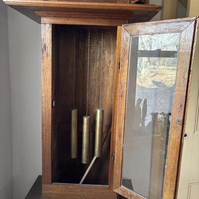 LOT 383: Hand-Crafted Quartz Movement Grandfather Clock w/Wooden Pendulum & Brass Weights