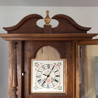 LOT 383: Hand-Crafted Quartz Movement Grandfather Clock w/Wooden Pendulum & Brass Weights