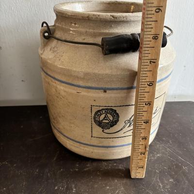 LOT 389: Vintage Stoneware Finley Acker & Co. Cheese Crock & Stoneware Jug