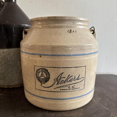 LOT 389: Vintage Stoneware Finley Acker & Co. Cheese Crock & Stoneware Jug