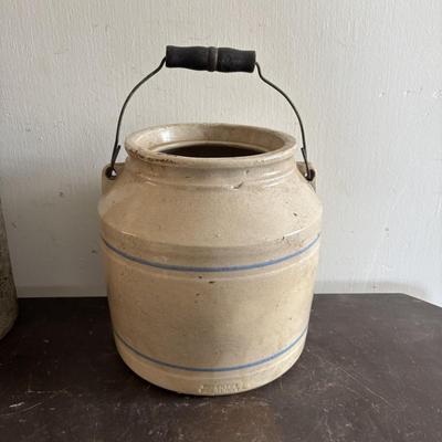 LOT 389: Vintage Stoneware Finley Acker & Co. Cheese Crock & Stoneware Jug