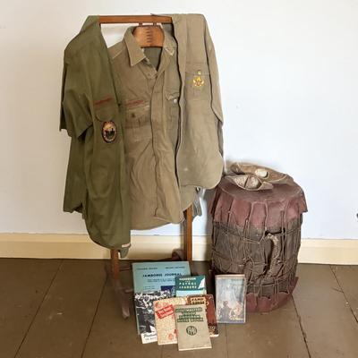 LOT 388: Boy Scott of America Collection: Handcrafted Barrel Drum & Miniature Canoes, Clothing w/Patches, Handbooks, Song Books &...