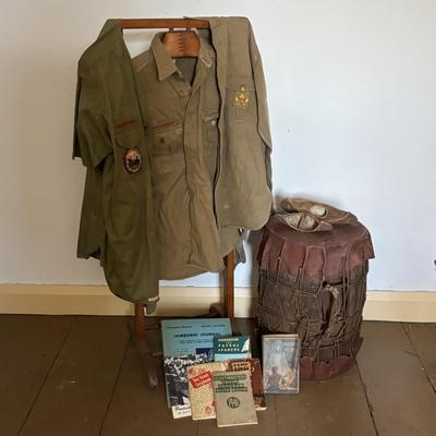 LOT 388: Boy Scott of America Collection: Handcrafted Barrel Drum & Miniature Canoes, Clothing w/Patches, Handbooks, Song Books &...