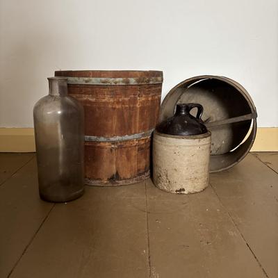 LOT 393: Antique Primitive Collection: Grain Bucket, Stoneware Jug, Metal Banded Bucket & Glass Bottle