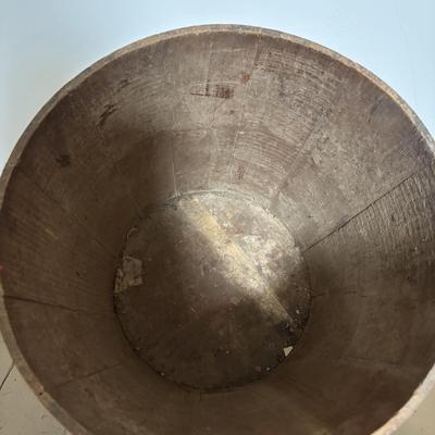 LOT 393: Antique Primitive Collection: Grain Bucket, Stoneware Jug, Metal Banded Bucket & Glass Bottle