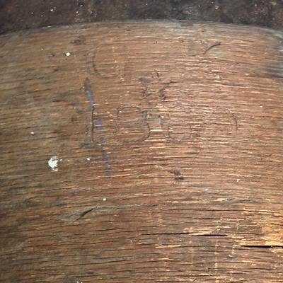 LOT 393: Antique Primitive Collection: Grain Bucket, Stoneware Jug, Metal Banded Bucket & Glass Bottle