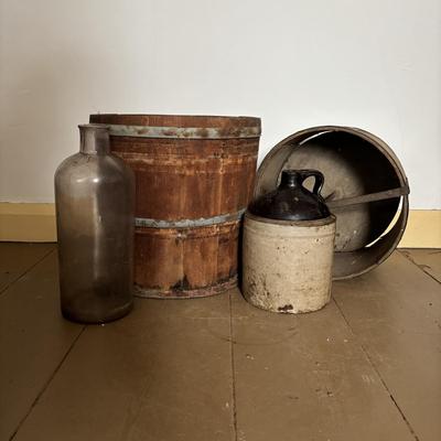 LOT 393: Antique Primitive Collection: Grain Bucket, Stoneware Jug, Metal Banded Bucket & Glass Bottle
