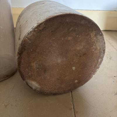 LOT 393: Antique Primitive Collection: Grain Bucket, Stoneware Jug, Metal Banded Bucket & Glass Bottle