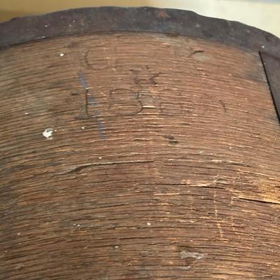 LOT 393: Antique Primitive Collection: Grain Bucket, Stoneware Jug, Metal Banded Bucket & Glass Bottle