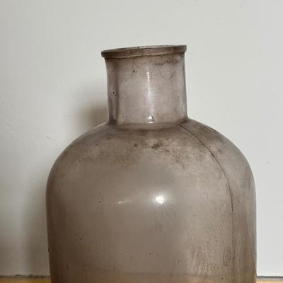 LOT 393: Antique Primitive Collection: Grain Bucket, Stoneware Jug, Metal Banded Bucket & Glass Bottle