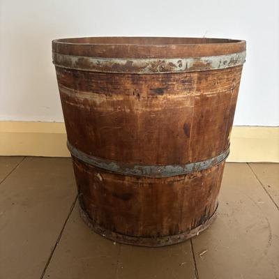 LOT 393: Antique Primitive Collection: Grain Bucket, Stoneware Jug, Metal Banded Bucket & Glass Bottle