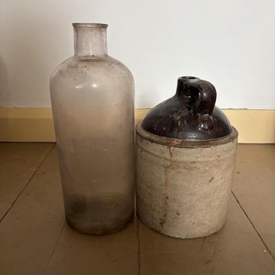 LOT 393: Antique Primitive Collection: Grain Bucket, Stoneware Jug, Metal Banded Bucket & Glass Bottle