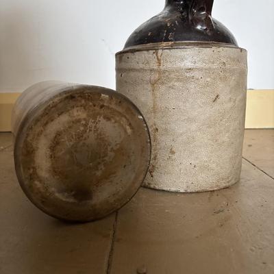 LOT 393: Antique Primitive Collection: Grain Bucket, Stoneware Jug, Metal Banded Bucket & Glass Bottle